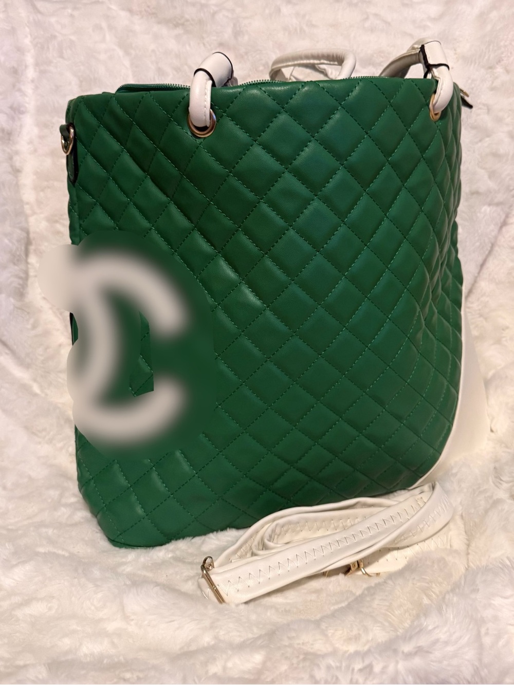 Quilted Green Tote Bag with White Handles